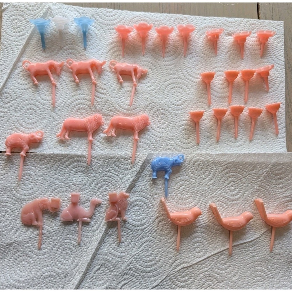 Lot of 32 Vintage Birthday Cake Candle Holders Animals Flowers Birds Characters